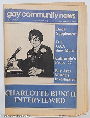 Immagine del venditore per GCN: Gay Community News; the gay weekly; vol. 6, #16, Nov. 11, 1978: Charlotte Bunch Interviewed venduto da Bolerium Books Inc.