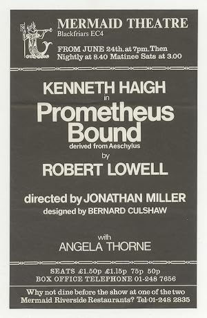Bild des Verkufers fr [Theatre Handbill]: Kenneth Haigh in Prometheus Bound. Derived from Aeschylus by Robert Lowell zum Verkauf von Between the Covers-Rare Books, Inc. ABAA
