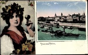 Bild des Verkufers fr Ansichtskarte / Postkarte Mainz am Rhein, Frau mit Wein, Teilansicht der Stadt, Boote zum Verkauf von akpool GmbH