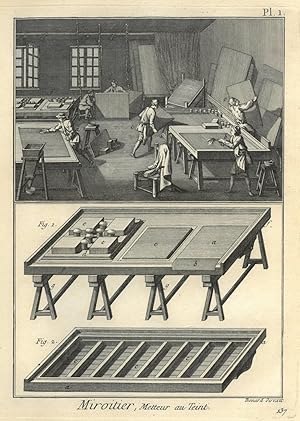 GLAS. - Spiegelherstellung. "Miroitier". Arbeiter in einer Spiegelmanufaktur, dazu Arbeitstische,...