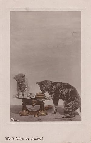 Won't Father Be Pleased Cats on Weighing Scales Antique Postcard