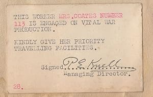 War Production Worker WW2 Needs Priority Travel MD Signed Old Card