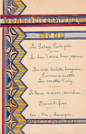 Bonne Fete Amorre Papa 1932 Hand-Painted Menu Card