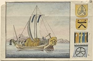 JAPANESE MERCHANT SHIP WITH THE FLAGS, CRESTS, AND INSIGNIA OF THE OWNERS AND THE MERCHANT HOUSES...