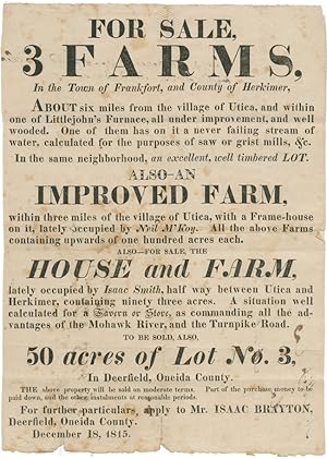 Seller image for FOR SALE, 3 FARMS IN THE TOWN OF FRANKFORT, AND COUNTY OF HERKIMER.[caption title] for sale by William Reese Company - Americana