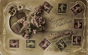 Briefmarken Ansichtskarte / Postkarte Langage des Timbres, Briefmarkensprache, Frauenportrait, Bl...