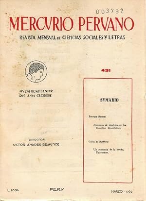 Seller image for Mercurio Peruano. Revista Mensual de Ciencias Sociales y Letras. Ao XXXVIII, Vol. XLIV, N. 431. Marzo, 1963. [RAREZA!] for sale by La Librera, Iberoamerikan. Buchhandlung