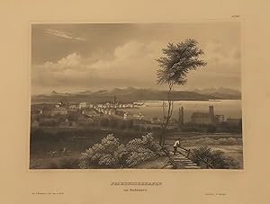 Friedrichshafen am Bodensee. Panorama mit See und mit Alpen im Hintergrund. Stahlstich. 1837