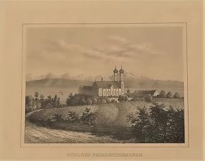 Friedrichshafen Schloß am Bodensee. Panorama mit See und mit Alpen im Hintergrund. Stahlstich