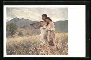 Seller image for Knstler-Ansichtskarte Karl Maria Schuster: Abendlied, Hhlenmenschen-Paar auf einer Wiese for sale by Bartko-Reher