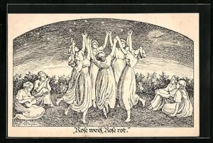 Bild des Verkufers fr Knstler-Ansichtskarte Rose weiss, Rose rot, Frauen beim Tanzen zu Mitternacht, Kinderfrsorge zum Verkauf von Bartko-Reher
