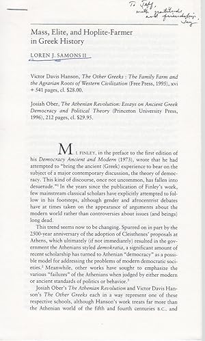 Bild des Verkufers fr Mass, Elite, and Hoplite-Farmer in Greek History. [From: Arion, 5.3, Ser. 3, 1998]. zum Verkauf von Fundus-Online GbR Borkert Schwarz Zerfa