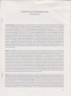Bild des Verkufers fr Antike Texte zur Holzteergewinnung. [Aus: Acta praehistorica et archaeologica, Bd. 23, 1991]. zum Verkauf von Fundus-Online GbR Borkert Schwarz Zerfa