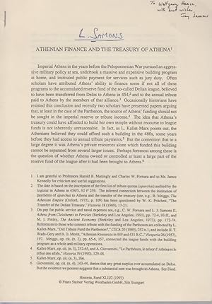 Bild des Verkufers fr Athenian Finance and the Treasury of Athena. [From: Historia, Bd. 42, Heft 2, 1993]. zum Verkauf von Fundus-Online GbR Borkert Schwarz Zerfa
