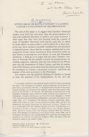 Bild des Verkufers fr Antiquarian or Revolutionary? Claudius Caesar's Conception of his Principate. [From: American Journal of Philology, vol. 99, 1978]. zum Verkauf von Fundus-Online GbR Borkert Schwarz Zerfa