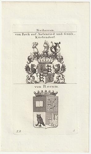 Freiherren: von Reck auf Autenried und Gross-Köstendorf / von Recum. Original-Kupferstich mit 2 W...