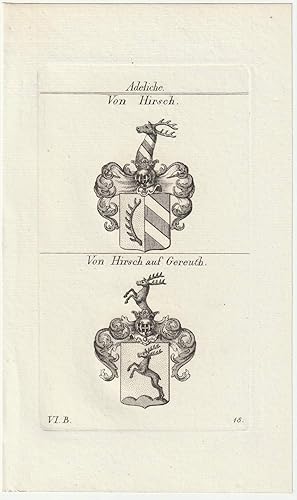 Adeliche: Von Hirsch / Von Hirsch auf Gereuth. Original-Kupferstich mit 2 Wappen.