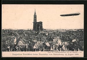 Ansichtskarte Strassburg, Zeppelins Fernfahrt beim Passieren von Strassburg 1908