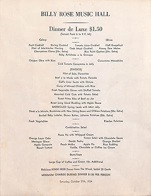 Billy Rose Music Hall 1934 Menu