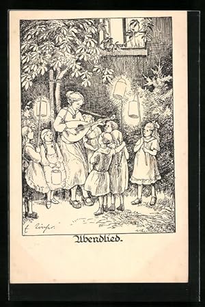 Seller image for Knstler-Ansichtskarte Abendlied, Mutter musiziert mit Kindern, Kinderfrsorge for sale by Bartko-Reher