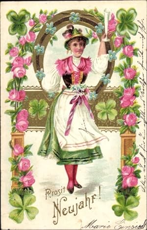 Ansichtskarte / Postkarte Glückwunsch Neujahr, Frau in bayrischer Tracht, Hufeisen, Kleeblätter