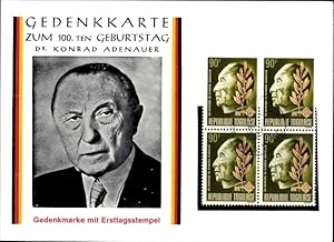 Bild des Verkufers fr Ansichtskarte / Postkarte Bundeskanzler Konrad Adenauer, 100. Geburtstag, Gedenkmarke Republique Togolaise, Ersttagsstempel zum Verkauf von akpool GmbH