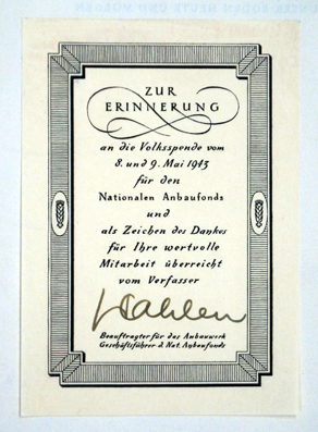 Exlibris zur Erinnerung an die Volksspendevom 8 und 9. Mai 1943 für den Nationalen Anbaufonds und...