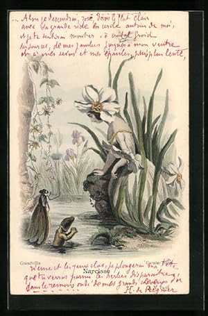 Künstler-Ansichtskarte sign. Grandville: Narcisse, Dame als Narzisse mit Libelle und Eidechse, Me...