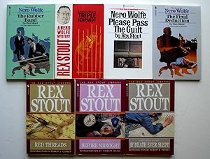 Seller image for Lot of 7 Trade-Sized Paperback Mysteries: The Rubber Band + Triple Jeopardy + Please Pass the Guilt + The Final Deduction + Red Threads + Before Midnight + If Death Ever Slept for sale by Silicon Valley Fine Books