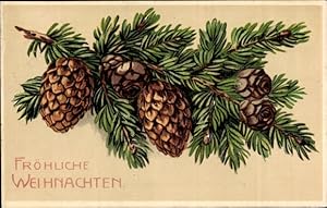 Präge Ansichtskarte / Postkarte Glückwunsch Weihnachten, Tannenzweig, Tannenzapfen