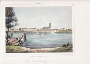 St.Georg - Die Vorstadt St.Georg. Kolorierte Lithographie mit Tonplatte und Bordüre von (Ludwig E...