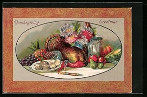 Image du vendeur pour Ansichtskarte Esstisch mit Truthahn, Austern und Obst, Thanksgiving mis en vente par Bartko-Reher