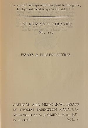 Bild des Verkufers fr Critical and Historical Essays, Volume 1, Everyman's Library No. 225 Essays and Belles-Lettres zum Verkauf von Mountain Gull Trading Company