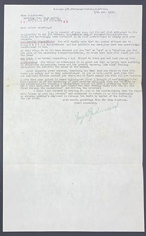 [Typed letter from the South African fascist Ray K. Rudman]