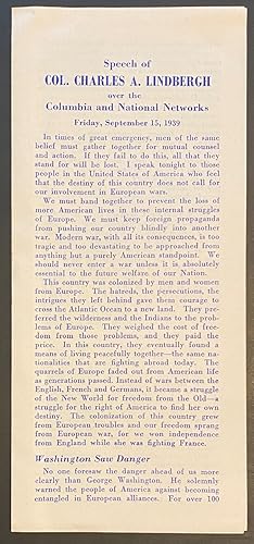 Speech of Col. Charles A. Lindbergh over the Columbia and National networks. Friday, September 15...