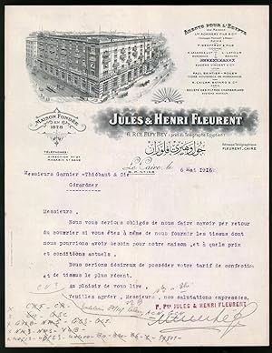 Image du vendeur pour Rechnung Kairo 1916, Jules, Henri Fleurent, Rue Elfy Bey 6, Geschfstshaus mit Strassenbahn mis en vente par Bartko-Reher