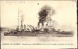 Bild des Verkufers fr Ansichtskarte / Postkarte Franzsisches Kriegsschiff, Mirabeau, Dreadnought, Cuirass d'Escadre  Turbines zum Verkauf von akpool GmbH