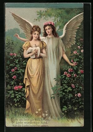 Bild des Verkufers fr Prge-Ansichtskarte Engel mit junger Frau und weisser Taube, Allegorie fr Liebe zum Verkauf von Bartko-Reher