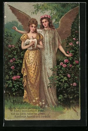 Bild des Verkufers fr Prge-Ansichtskarte Engel mit junger Frau und weisser Taube, Allegorie fr Liebe zum Verkauf von Bartko-Reher