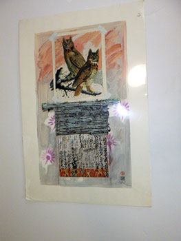 Pajaro Series. Two Owls with Asian writing on scroll. Original mixed media.