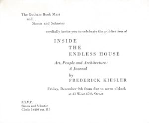 Seller image for The Gotham Book Mart and Simon and Schuster Cordially Invite You to celebrate the publication of Inside the Endless House Art, People and Architecture: A Journal by Frederick Kiesler, 9 Dec 1966 (Invitation Postcard Only, No Book) for sale by Wittenborn Art Books