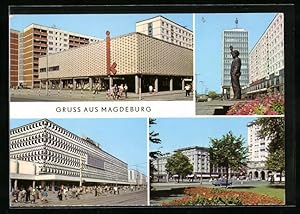 Ansichtskarte Magdeburg, Kinderkaufhaus in der Karl-Marx-Strasse, Erich-Weinert-Denkmal u. Haus d...