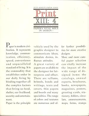 Bild des Verkufers fr Print America's Graphic Design Magazine - XIII , 4 , July./ August 1959 - Paper's vital role in design zum Verkauf von Antiquariat Andreas Schwarz