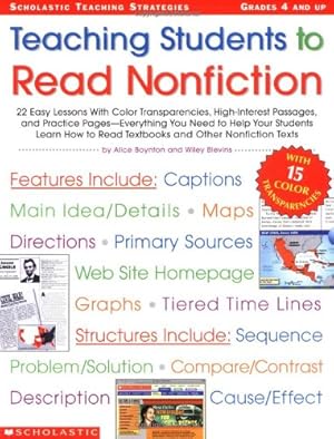 Bild des Verkufers fr Teaching Students to Read Nonfiction: Grades 4 and Up: 22 Easy Lessons with Color Transparencies, High-Interest Passages, and Practice . Texts (Scholastic Teaching Strategies) zum Verkauf von WeBuyBooks