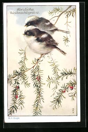 Imagen del vendedor de Knstler-Ansichtskarte Zwei aufgeplusterte Singvgel auf einem Eibenzweig - Weihnachtsgruss a la venta por Bartko-Reher