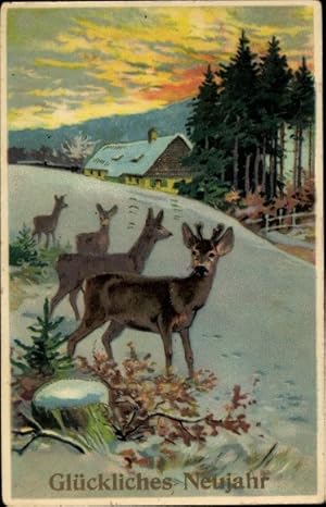 Ansichtskarte / Postkarte Glückwunsch Neujahr, Rehe, Dorfpartie, Haus, Glitzer