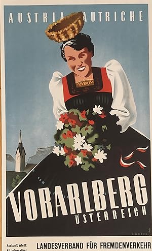 Bild des Verkufers fr Austria - Autriche. Vorarlberg sterreich. Herausgegeben vom Landesverband fr Fremdenverkehr in Vorarlberg. Grafische Gestaltung von Josef Hofer (1927-2016). Farboffsetdruck Wagner, Innsbruck 1948, 80 x 47 cm zum Verkauf von Antiquariat Johannes Mller