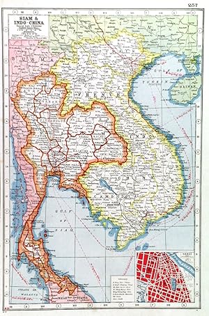 SIAM AND INDO-CHINA. Map showING Burma, Siam, Cambodia, Annan and the Malay Peninsula. Small in...