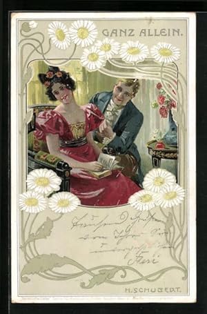 Bild des Verkufers fr Knstler-Ansichtskarte H. Schubert: Ganz allein, Dame mit Buch und Herrn, Gnseblumen, Jugendstil zum Verkauf von Bartko-Reher