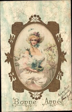 Seiden Präge Passepartout Ansichtskarte / Postkarte Glückwunsch Neujahr, Portrait einer Frau